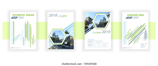 
Cover, flat geometric green stripes. Abstract composition, white background, font, business card set, correspondence card, A4 brochure tag, patch parts, text frame drawing, logo icon, EPS10 vector
