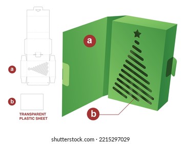 Cover flip box with Christmas tree window die cut template and 3D mockup