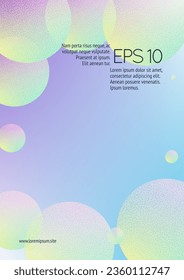 Cover fluid with round shapes and halftone dots texture. Gradient circles on holographic background. Modern template for banners, flyers, report, brochure. Minimal cover fluid in vibrant neon colors.