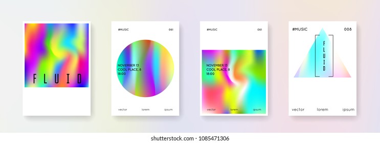Cover fluid set. Abstract backgrounds. Rainbow cover fluid with gradient mesh. 90s, 80s retro style. Pearlescent graphic template for brochure, banner, wallpaper, mobile screen