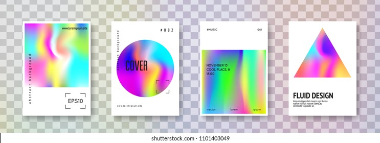 Cover fluid set. Abstract backgrounds. Rainbow cover fluid with gradient mesh. 90s, 80s retro style. Pearlescent graphic template for book, annual, mobile interface, web app.