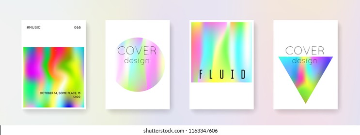 Cover fluid set. Abstract backgrounds. Rainbow cover fluid with gradient mesh. 90s, 80s retro style. Pearlescent graphic template for placard, presentation, banner, brochure.