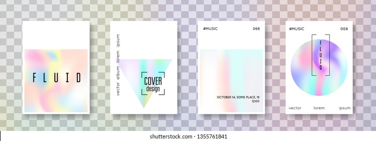 Cover fluid set. Abstract backgrounds. Rainbow cover fluid with gradient mesh. 90s, 80s retro style. Iridescent graphic template for book, annual, mobile interface, web app.