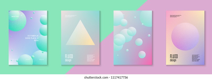 Cover fluid set with round shape. Gradient circles on holographic background. Modern hipster template for placards, banners, flyers, report, brochure. Minimal cover fluid in vibrant neon colors.