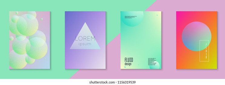 Cover fluid set with round shape. Gradient circles on holographic background. Modern hipster template for placards, banners, flyers, report, brochure. Minimal cover fluid in vibrant neon colors.