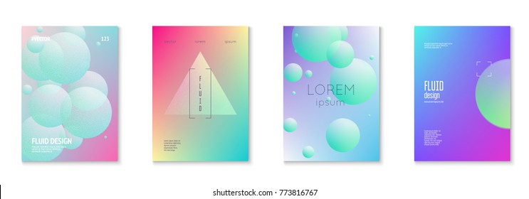Cover fluid set with round shapes. Gradient circles on holographic background. Modern hipster template for placards, banners, flyers, report, brochure. Minimal cover fluid in vibrant neon colors.