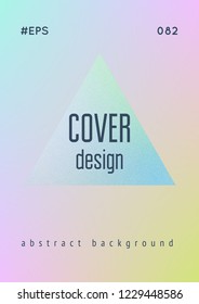 Cover fluid with triangle shapes. Gradient triangles on holographic background. Modern hipster template for banners, flyers, report, brochure. Minimal cover fluid in vibrant neon colors.