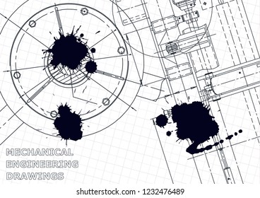 Cover, flyer, banner. Black Ink. Blots. Blueprint, background. Instrument-making