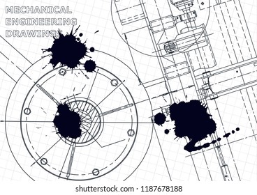 Cover, flyer, banner. Vector engineering illustration. Blueprint, background. Instrument-making drawings. Black Ink. Blots. Technical