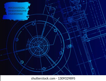 Cover, flyer, banner. Vector engineering illustration. Blueprint, background. Blue neon. Technical illustrations, background