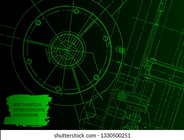 Cover, flyer, banner. Vector engineering illustration. Blueprint, background. Green neon. Technical illustrations, backgrounds. Scheme