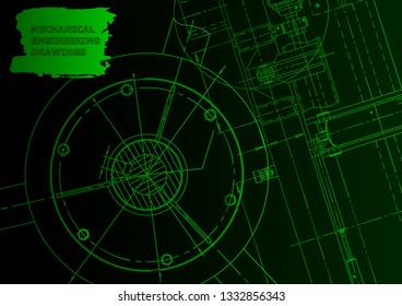 Cover, flyer, banner. Vector engineering illustration. Blueprint, background. Green neon. Technical illustrations, background