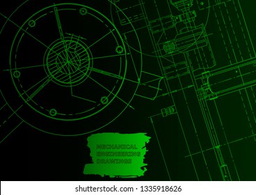 Cover, flyer, banner. Vector engineering illustration. Green neon, background. Instrument-making