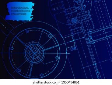 Cover, flyer, banner. Vector engineering illustration. Blue neon. Mechanical engineering drawing. Technical