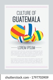 Diseño de portada o volante de la cultura guatemalteca. Bolas típicas de colores representativas de la región. Ilustración moderna y minimalista