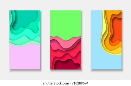 Cover or flyer template with abstract paper cut blue green pink yellow background. Vector template in carving art style