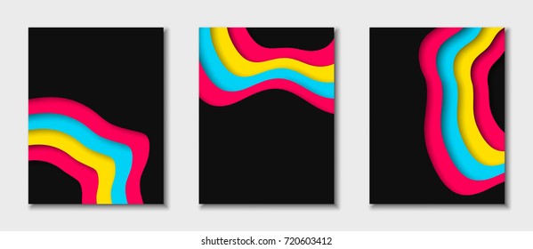 Cover or flyer template with abstract paper cut blue pink yellow black background. Vector template in carving art style