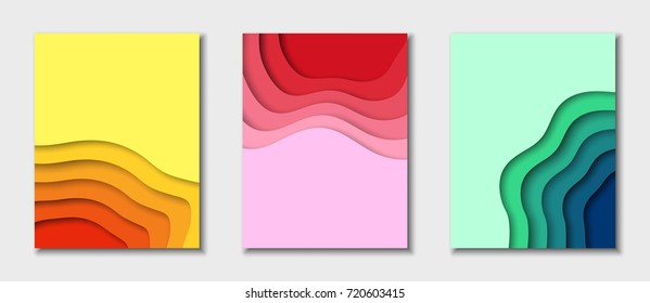 Cover or flyer template with abstract paper cut blue green pink yellow background. Vector template in carving art style