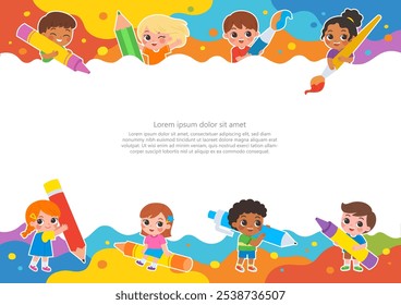 Cover or flyer template with kids draw big art together with large art supplies on abstract color paint texture. Art kids. Painting poster design. Template for advertising brochure. 