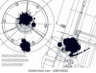 Cover, flyer. Vector engineering illustration. Blueprint, banner. Black Ink. Blots