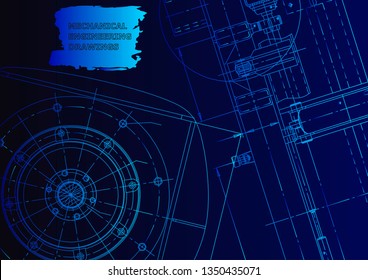 Cover, flyer. Vector engineering illustration. Blueprint, banner, background. Instrument-making drawings. Blue neon. Technical illustrations, backgrounds. Scheme