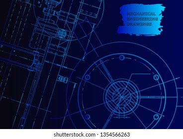 Cover, flyer. Vector engineering illustration. Blueprint, banner, background. Instrument-making. Blue neon