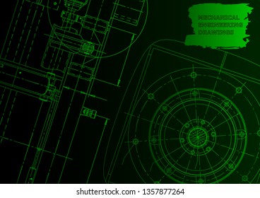 Cover, flyer. Vector engineering illustration. Blueprint, banner, background. Instrument-making drawings. Green neon. Technical illustrations, background