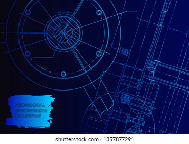 Cover, flyer. Vector engineering illustration. Blueprint, banner, Blue neon. Instrument-making drawing