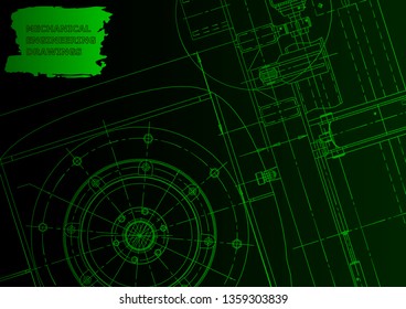Cover, flyer. Vector engineering illustration. Blueprint, banner, Green neon. Instrument-making drawings
