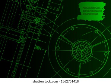 Cover, flyer. Vector engineering illustration. Blueprint. Green neon