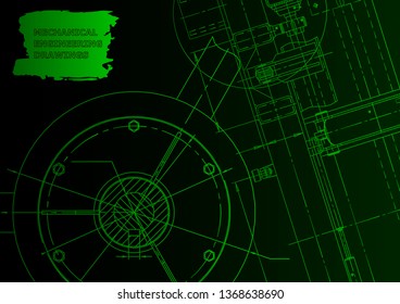 Cover, flyer. Vector engineering illustration. Blueprint, banner, background. Green neon