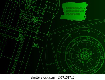 Cover, flyer. Vector engineering illustration. Blueprint, banner, background. Instrument-making drawings. Mechanical engineering drawing. Green neon. Scheme, Outline