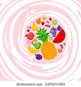 Cover for the food product - Multifruit. Multivitamin supplement, Vitamin. Vitamin complex for infographics, science articles, health magazines. Yogurt, chewing gum, milk, juice, candies Vector