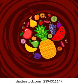 Cover for the food product - Multifruit. Multivitamin supplement, Vitamin. Vitamin complex for infographics, science articles, health magazines. Yogurt, chewing gum, milk, juice, candies Vector