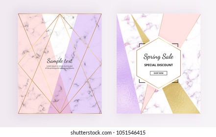 Cover Geometric Design With Marble And Foil Texture, Gold Glitter Lines, Pink, Purple Colors Background. Trendy Template For Design Card, Banner, Online, Email, Web, Social Media, Flyer
