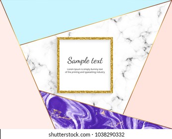 Cover geometric design with marble texture and gold glitter lines, cream blue, pink colors background. Template for design invitation, card, banner, wedding, baby shower, placard, poster, party

