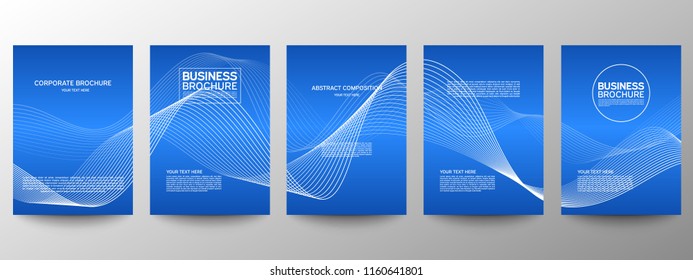Mínimo geométrico de la tapa. Establecer. Azul. Patrón de línea abstracta vectorial para el diseño de afiches. Conjunto de plantillas para folletos comerciales. Gradientes geniales. Patrón gráfico para el fondo anual del álbum.