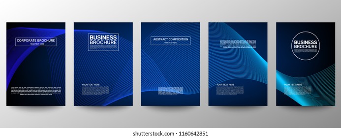 Cover geometric minimal. Set. Blue. Vector abstract line pattern for poster design. Set of templates for business brochures. Cool gradients. Graphic pattern for annual album backdrop.