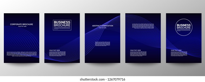 Cover geometric minimal. Set. Blue. Vector abstract line pattern for poster design. Set of templates for business brochures. Cool gradients. Graphic pattern for annual album backdrop.
