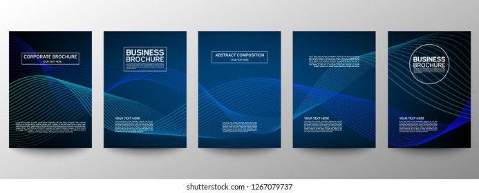 Cover geometric minimal. Set. Blue. Vector abstract line pattern for poster design. Set of templates for business brochures. Cool gradients. Graphic pattern for annual album backdrop.
