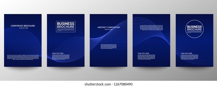 Cover geometric minimal. Set. Blue. Vector abstract line pattern for poster design. Set of templates for business brochures. Cool gradients. Graphic pattern for annual album backdrop.