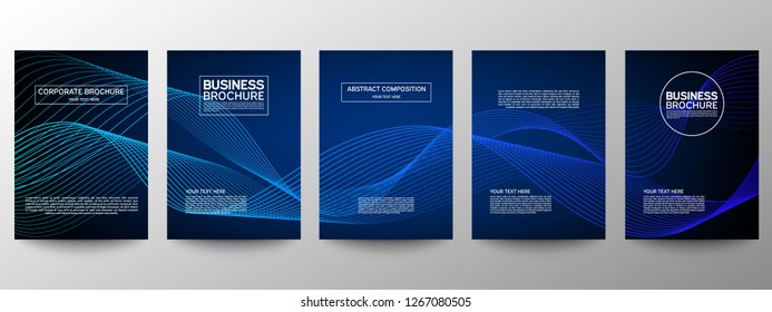 Cover geometric minimal. Set. Blue. Vector abstract line pattern for poster design. Set of templates for business brochures. Cool gradients. Graphic pattern for annual album backdrop.