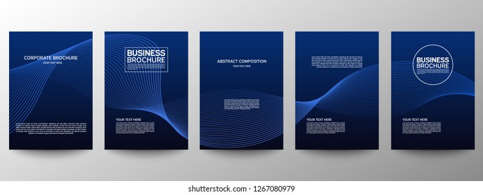 Cover geometric minimal. Set. Blue. Vector abstract line pattern for poster design. Set of templates for business brochures. Cool gradients. Graphic pattern for annual album backdrop.