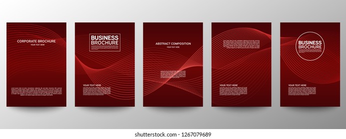 Cover geometric minimal. Set. Red. Vector abstract line pattern for poster design. Set of templates for business brochures. Cool gradients. Graphic pattern for annual album backdrop.