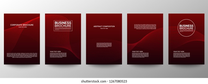 Cover geometric minimal. Set. Red. Vector abstract line pattern for poster design. Set of templates for business brochures. Cool gradients. Graphic pattern for annual album backdrop.