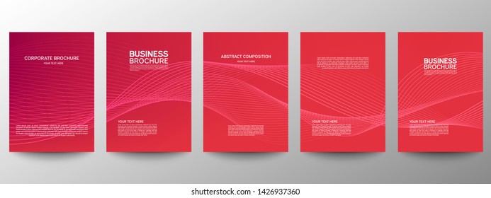 Cover geometric minimal. Set. Red. Vector abstract line pattern for poster design. Set of templates for business brochures. Cool gradients. Graphic pattern for annual album backdrop.