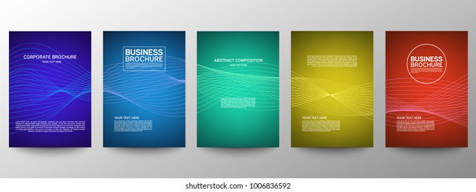 Cover geometric minimal. Set. Vector abstract line pattern for poster design. Set of templates for business brochures. Cool halftone gradients. Graphic pattern for annual album backdrop.