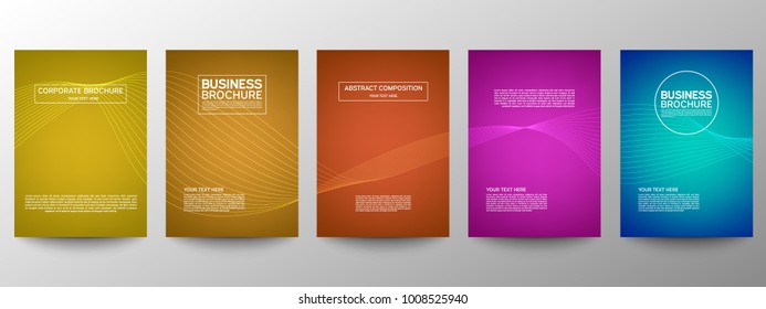 Cover geometric minimal. Set. Vector abstract line pattern for poster design. Set of templates for business brochures. Cool halftone gradients. Graphic pattern for annual album backdrop.