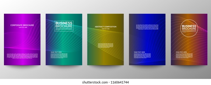 Cover geometric minimal. Set. Vector abstract line pattern for poster design. Set of templates for business brochures. Cool gradients. Graphic pattern for annual album backdrop.