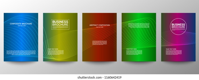 Cover geometric minimal. Set. Vector abstract line pattern for poster design. Set of templates for business brochures. Cool gradients. Graphic pattern for annual album backdrop.